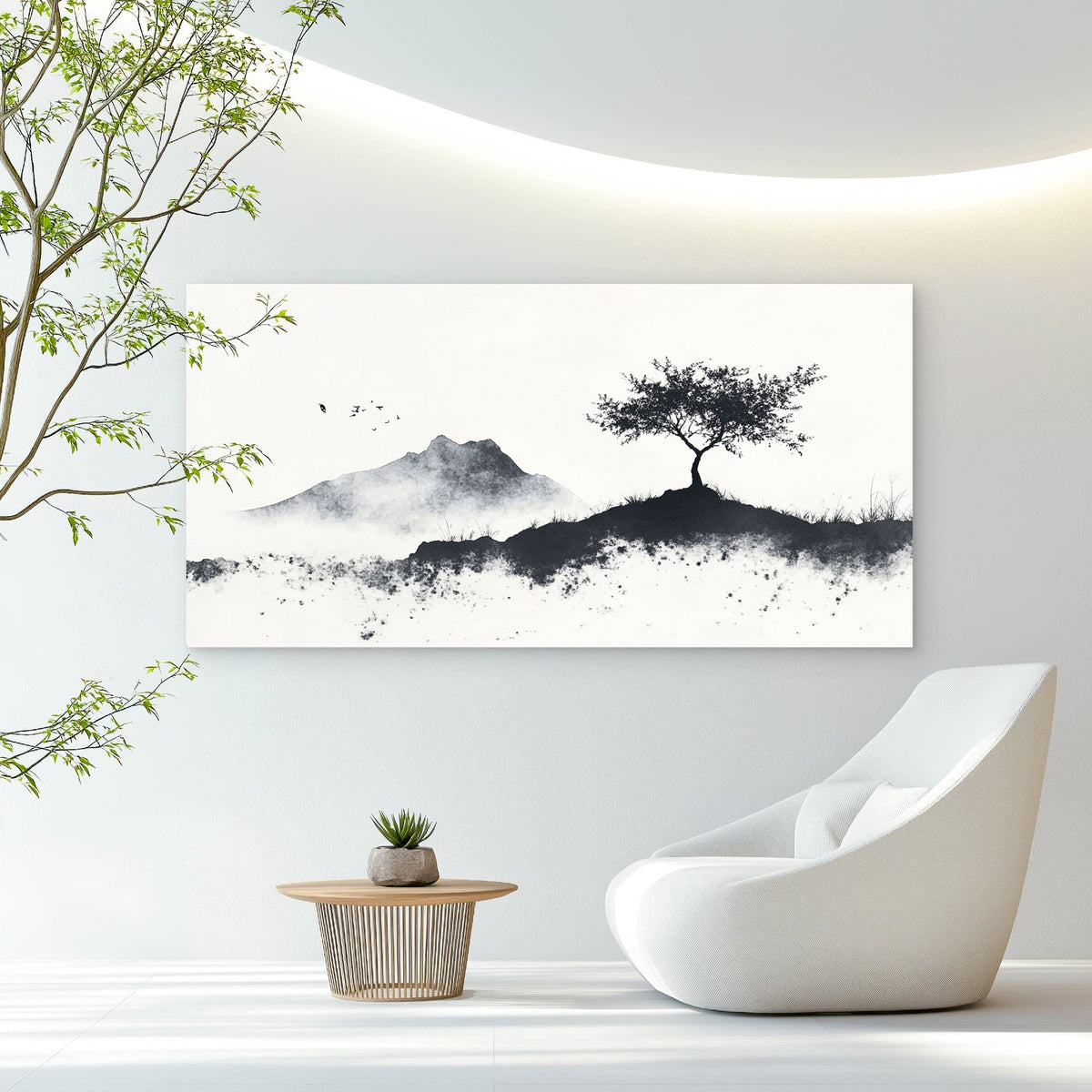 Mountain Tree Ink Wash Wall Art Canvas Office Home Room Framed 120x60cm