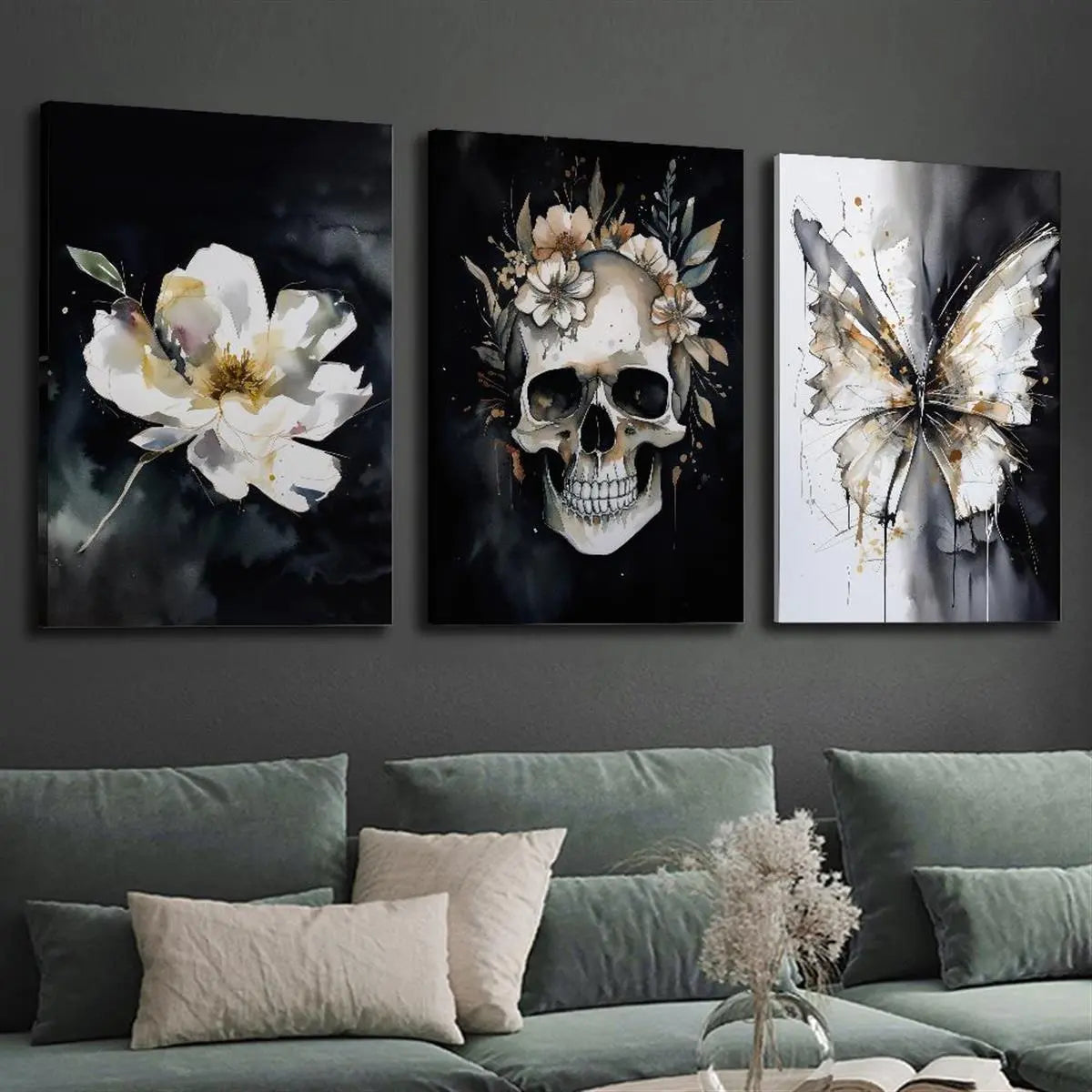 3pcs Watercolor dark, Botanical flowers, skulls, butterflies Metal Print Ready to Hang Art