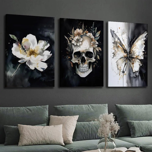 3pcs Watercolor dark, Botanical flowers, skulls, butterflies Metal Print Ready to Hang Art