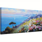 Blue Coastal Vibrant Flowers & Sailboats Ocean Seascape Wall Art canvas office home room framed 120x60cm