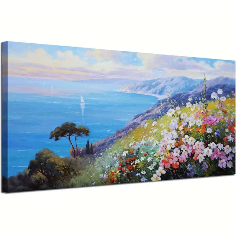 Blue Coastal Vibrant Flowers & Sailboats Ocean Seascape Wall Art canvas office home room framed 120x60cm