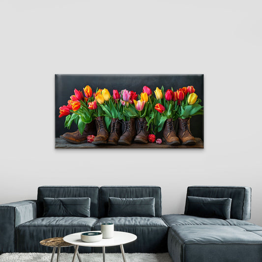 Tulips Boots Floral Painting Wall Art Canvas Office Home Room Framed 80x45cm