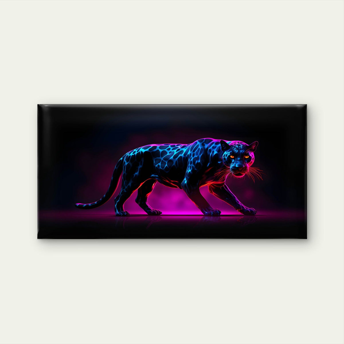 Neon Blue And Pink Glowing Panther Wildlife Predator Cyberpunk Style Wall Art Canvas Office Home Room Framed 80x45cm