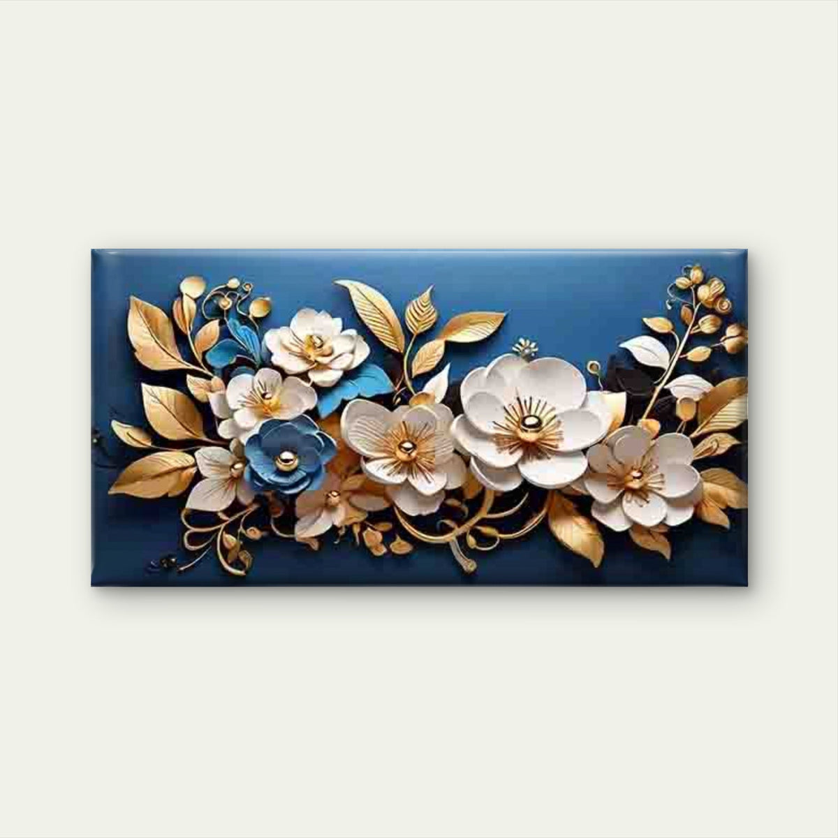 Golden Flowers on Blue Backgrou Wall Art Canvas Office Home Room Framed 120x60cm