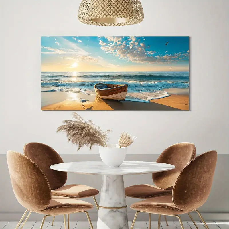 Beach Ocean Sunset Blue Waves Coastal Scene Boat & Seagulls Wall Art canvas office home room framed 120x60cm