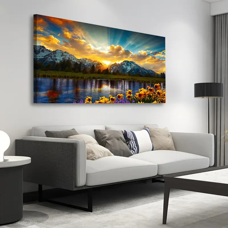 Sunset Mountain Sunflowers Lake Scenery Wall Art canvas office home room framed 120x60cm