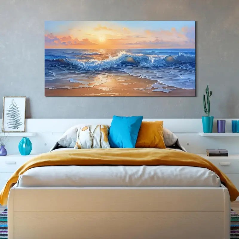 Vibrant Sunset Beach Waves Dynamic Ocean Wall Art canvas office home room framed 120x60cm