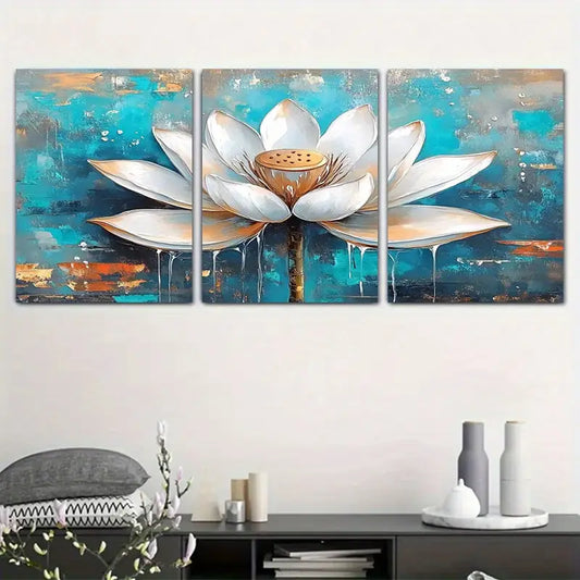 3pcs Blue for Lotus Vibrant Design Golden Accents Metal Print Ready to Hang Art