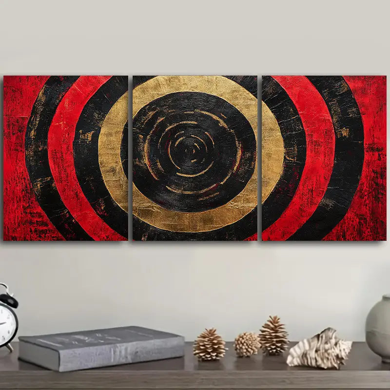 3pcs Luxurious Red Concentric Circles Metal Print Ready to Hang Art