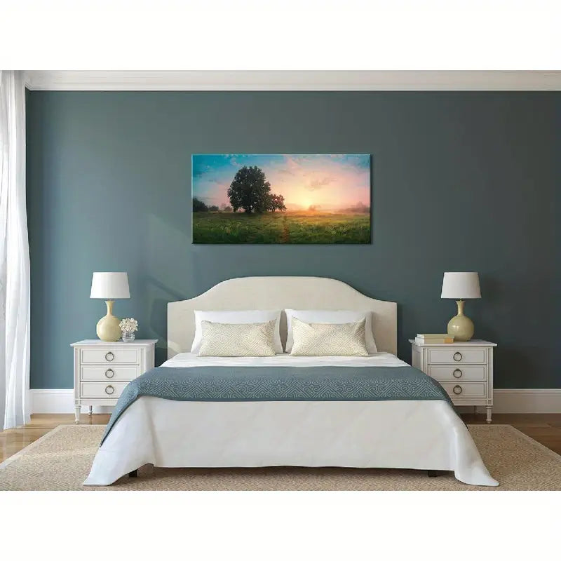 Spring Panoramic Sky Fluffy Clouds Over Green Field Wall Art canvas office home room framed 120x60cm