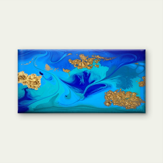 Marbled Blue Gold Abstract Wall Art Canvas Office Home Room Framed 80x45cm