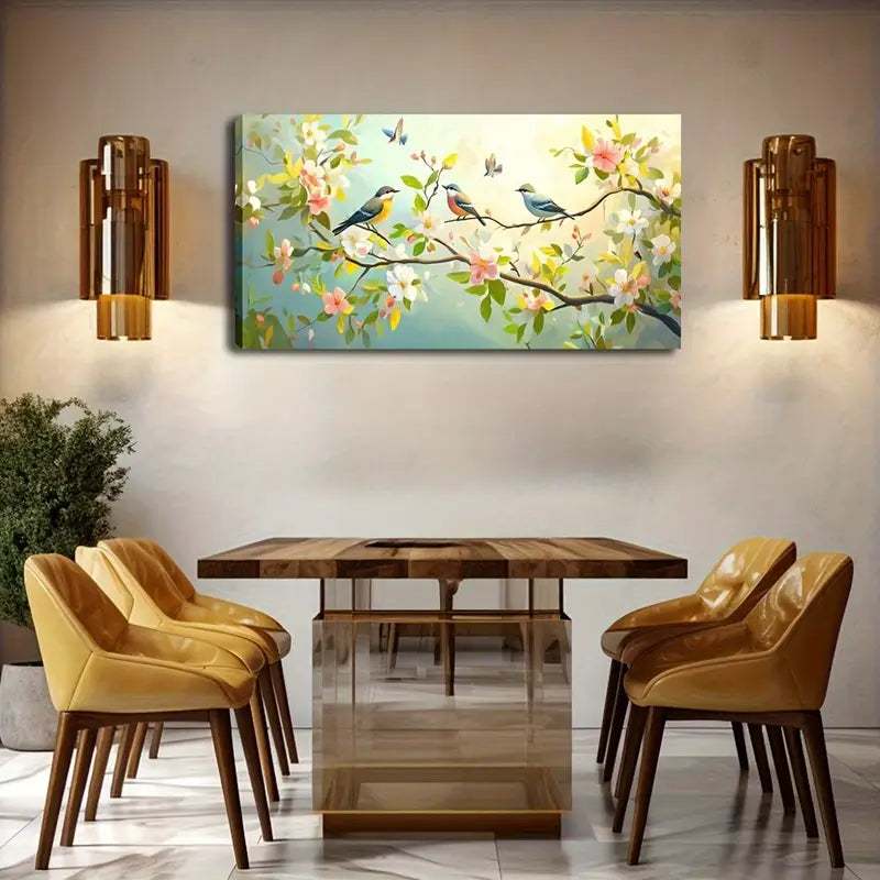 Colorful Birds on a Branch White Wall Art Canvas Office Home Room Framed 120x60cm