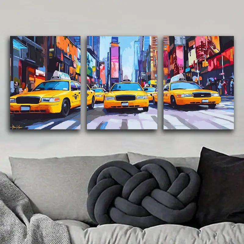3pcs Urban Cabs in Cityscape Metal Print Ready to Hang Art