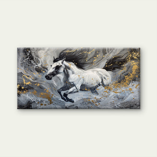 Abstract Running White Horse Wall Art Canvas Office Home Room Framed 80x45cm