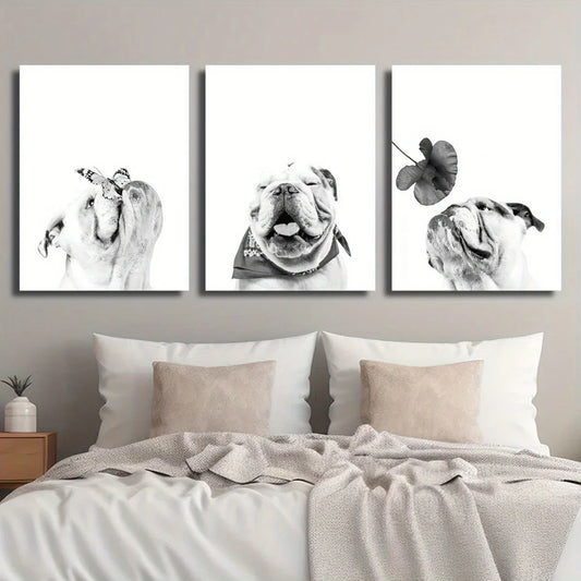 3pcs English Bulldog Puppy Black & White Classic Design Metal Print Ready to Hang Art