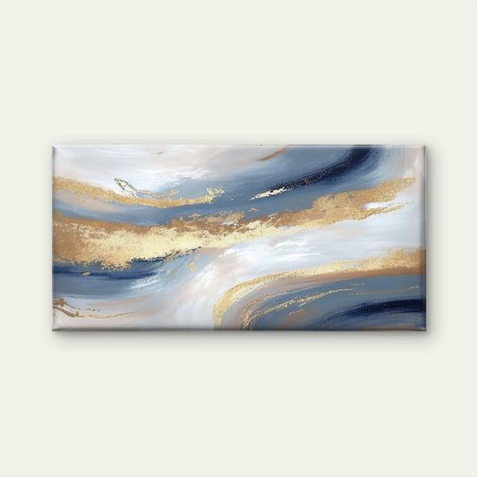 Abstract Blue Fluid Gold Swirl Wall Art Canvas Office Home Framed 80x45cm
