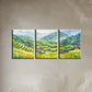 3pcs Mountain Village Greenish & Flowers Metal Print Ready to Hang Art