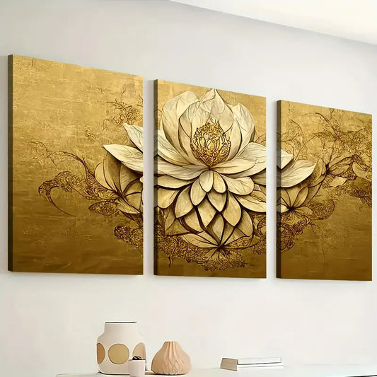 3pcs Retro Style Golden Light Luxury Flower Art  Wall Art Set Canvas Framed 40x60cm - High Quality Print 100% Australian Made Wall Canvas Ready to Hang