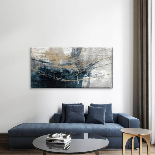 Abstract Teal Navy Gold Foil Textured Wall Art Canvas Office Home Framed 80x45cm