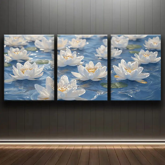 3pcs Oil Painting of Water Lilies, Luxurious Metal Print Ready to Hang Art