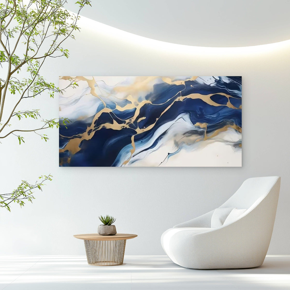 Blue, Golden & White Marble Wall Art Canvas Office Home Room Framed 120x60cm