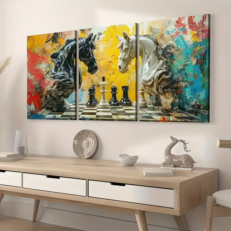 3pcs Modern Fashion Art Style Chess  Knight Art Wall Art Set Canvas Framed 40x60cm - High Quality Print 100% Australian Made Wall Canvas Ready to Hang