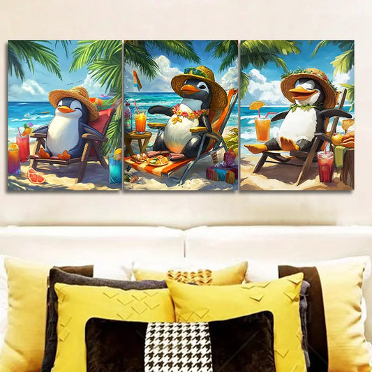 3pcs Penguins on Holiday Metal Print Ready to Hang Art