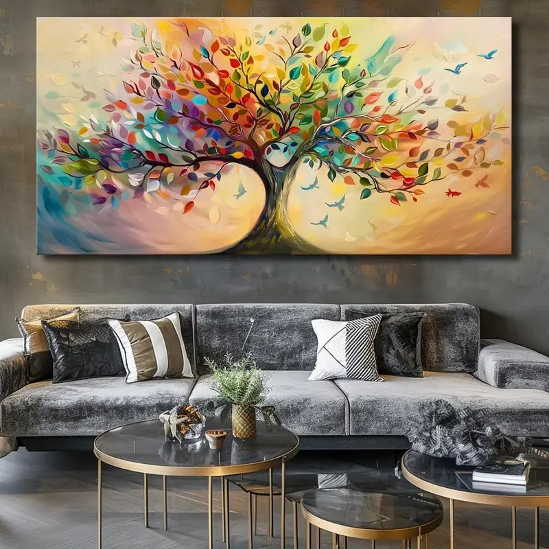 Modern Colourful Tree Birds Wall Art canvas office home room framed 120x60cm