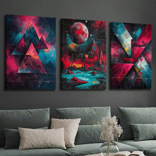 3pcs Vibrant Abstract Geometric Shapes Colorful Metal Print Ready to Hang Art