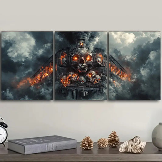 3pcs Skull Steam Train Metal Print Ready to Hang Art