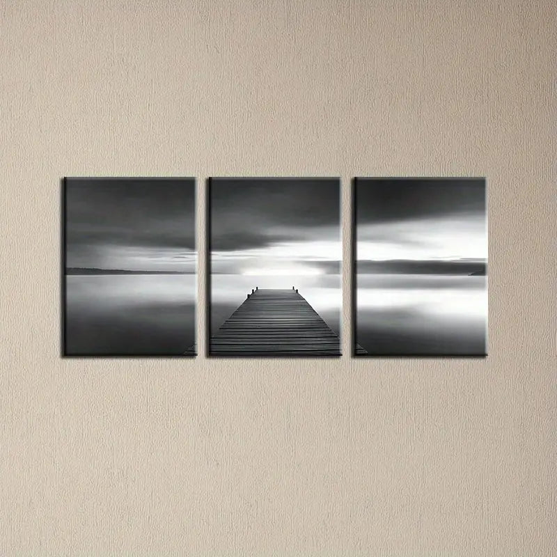 3pcs Black and White Lake Scene Painting Metal Print Ready to Hang Art