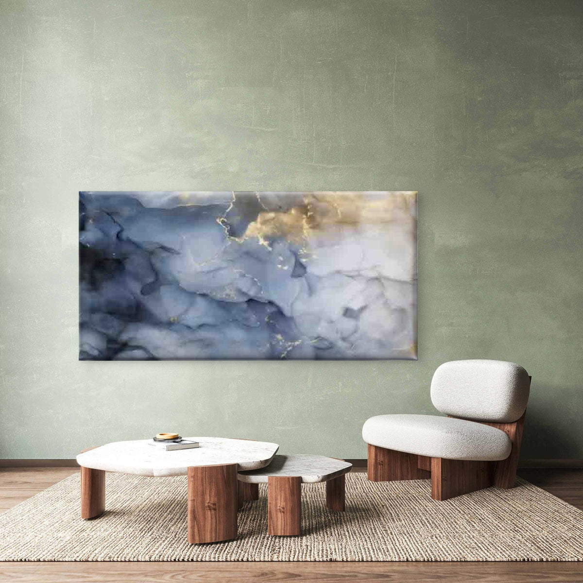 Abstract Blue & Golden Ink Flow Wall Art Canvas Office Home Room Framed 120x60cm