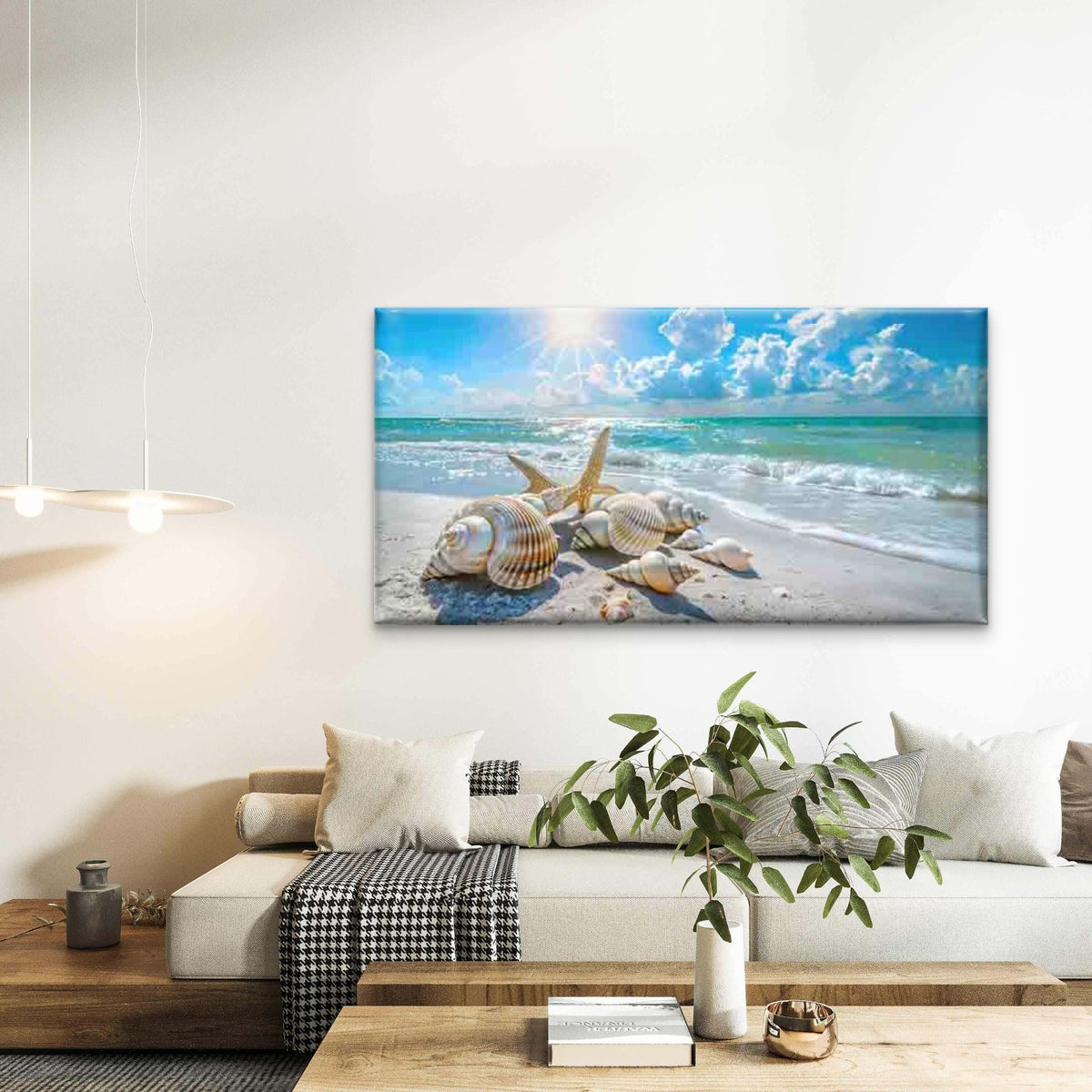 Seashells on Beach with Ocean Wall Art Canvas Office Home Room Framed 120x60cm