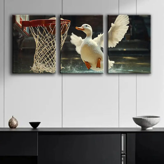 3pcs Featuring Ducks Engaged in a Game of Basketball Metal Print Ready to Hang Art