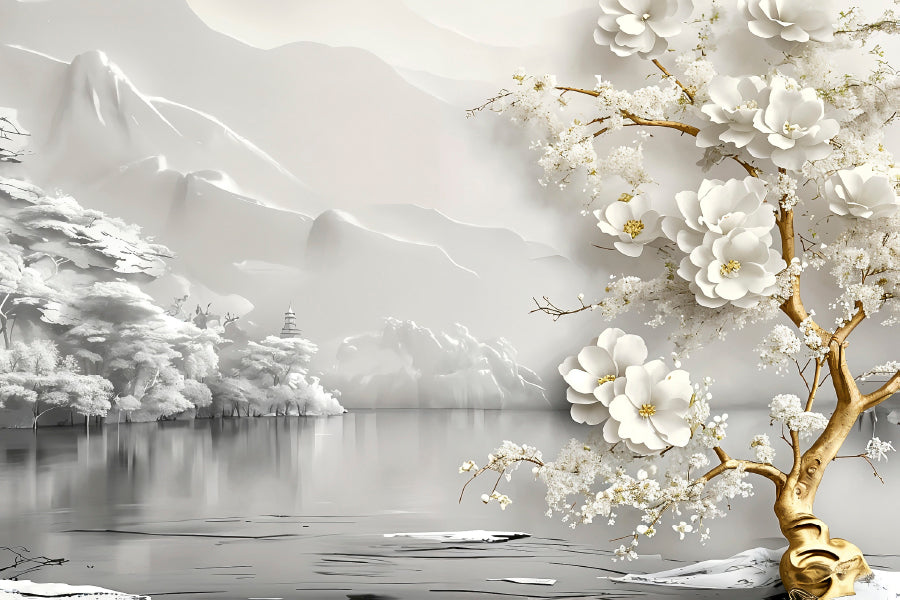 Misty Mountains White Flower Tree Lake Print 100% Australian Made 60x40cm Stretched Canvas Ready to Hang