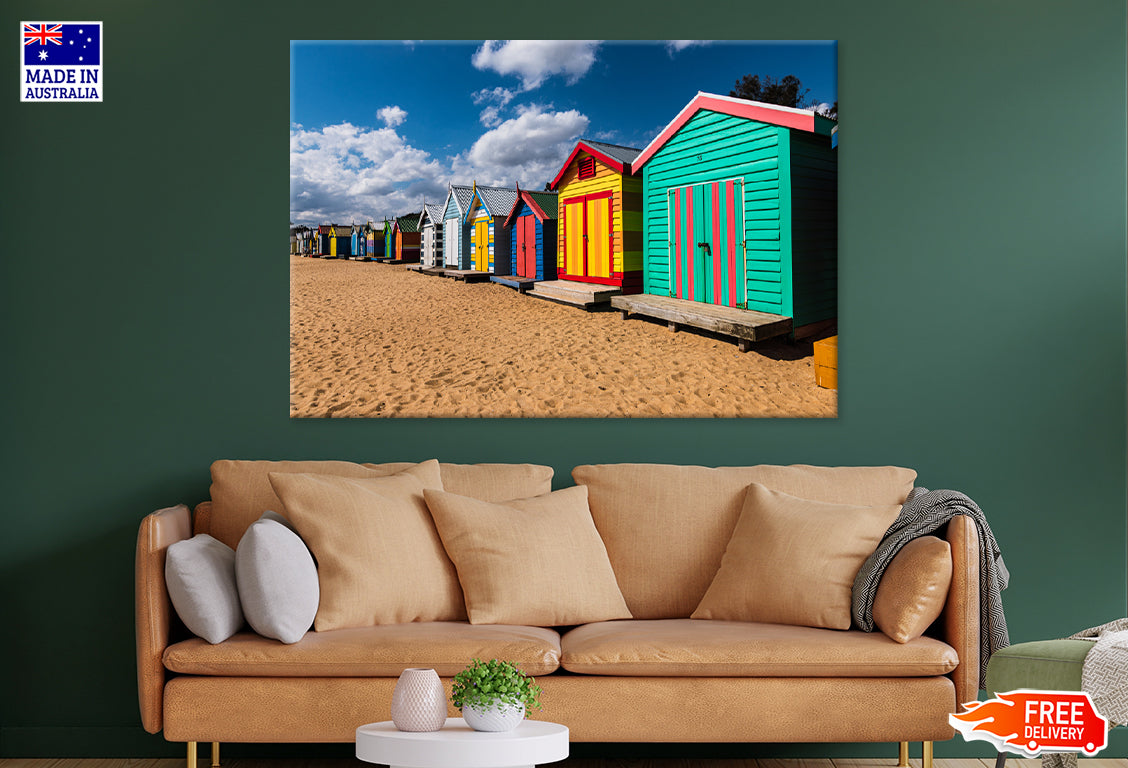 Colourful Wooden Beach Houses Print 100% Australian Made Stretched Canvas Ready to Hang - AU-106