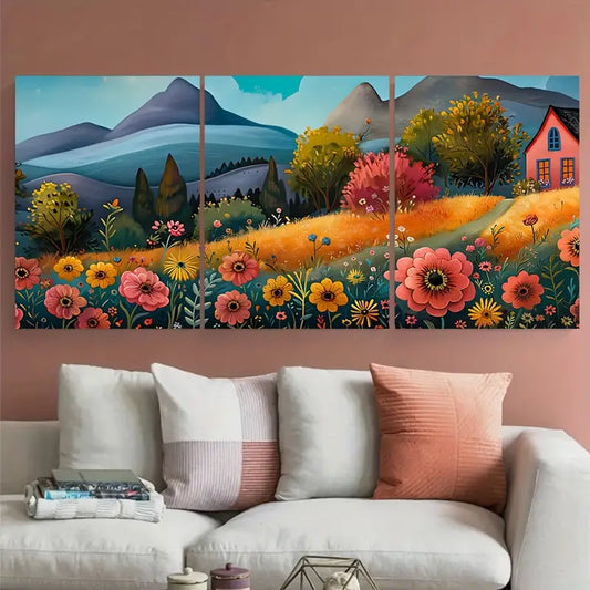 3pcs Colorful Meadow Cheerful Flowers Metal Print Ready to Hang Art