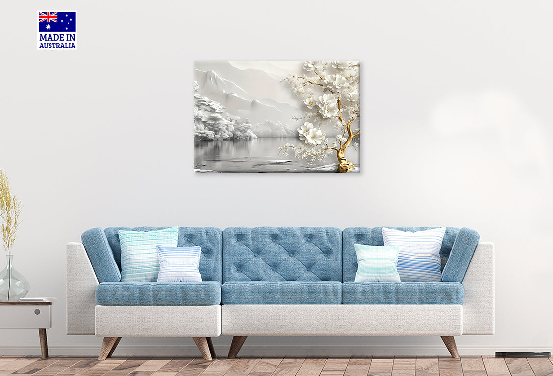 Misty Mountains White Flower Tree Lake Print 100% Australian Made 60x40cm Stretched Canvas Ready to Hang