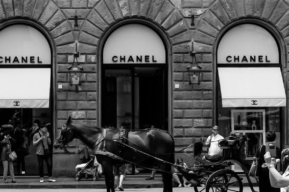 Fashion Store Front With Horse B&W Print 100% Australian Made Stretched Canvas Ready to Hang - FS - 165