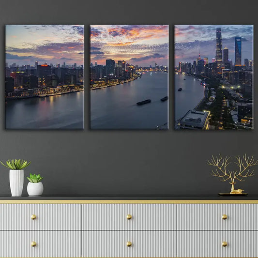3pcs Vibrant Sunset River Scene Skyscrapers Metal Print Ready to Hang Art