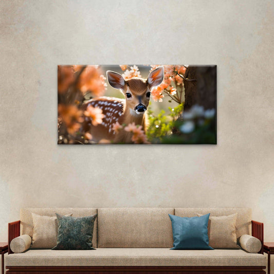 Cute Fawn Deer Spring Floral Nature Wilderness Wall Art Canvas Office Home Room Framed 80x45cm