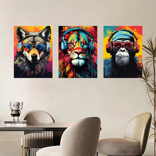3pcs Colorful Headphones Design Animals Metal Print Ready to Hang Art