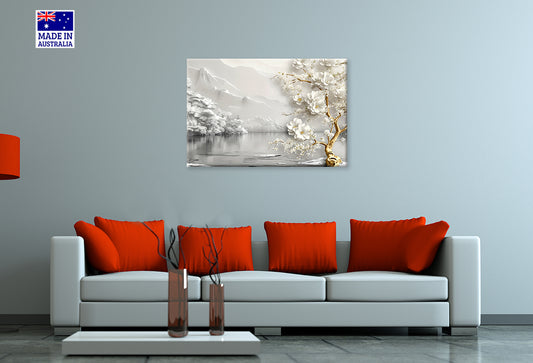 Misty Mountains White Flower Tree Lake Print 100% Australian Made 60x40cm Stretched Canvas Ready to Hang