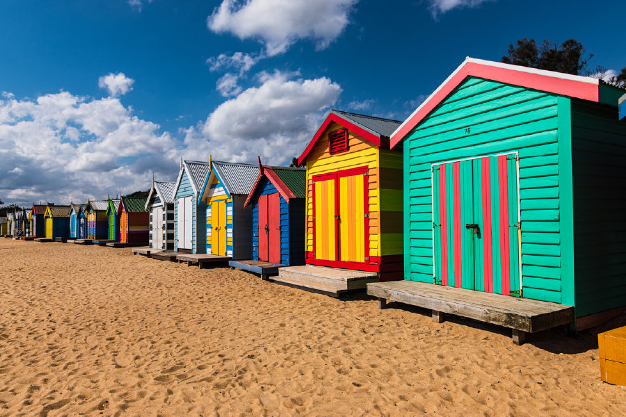 Colourful Wooden Beach Houses Print 100% Australian Made Stretched Canvas Ready to Hang - AU-106