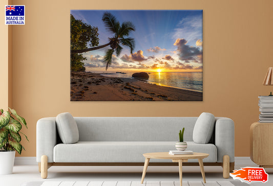 Paradise Beach With Palms & Sunrise Print 100% Australian Made Stretched Canvas Ready to Hang - BC-106