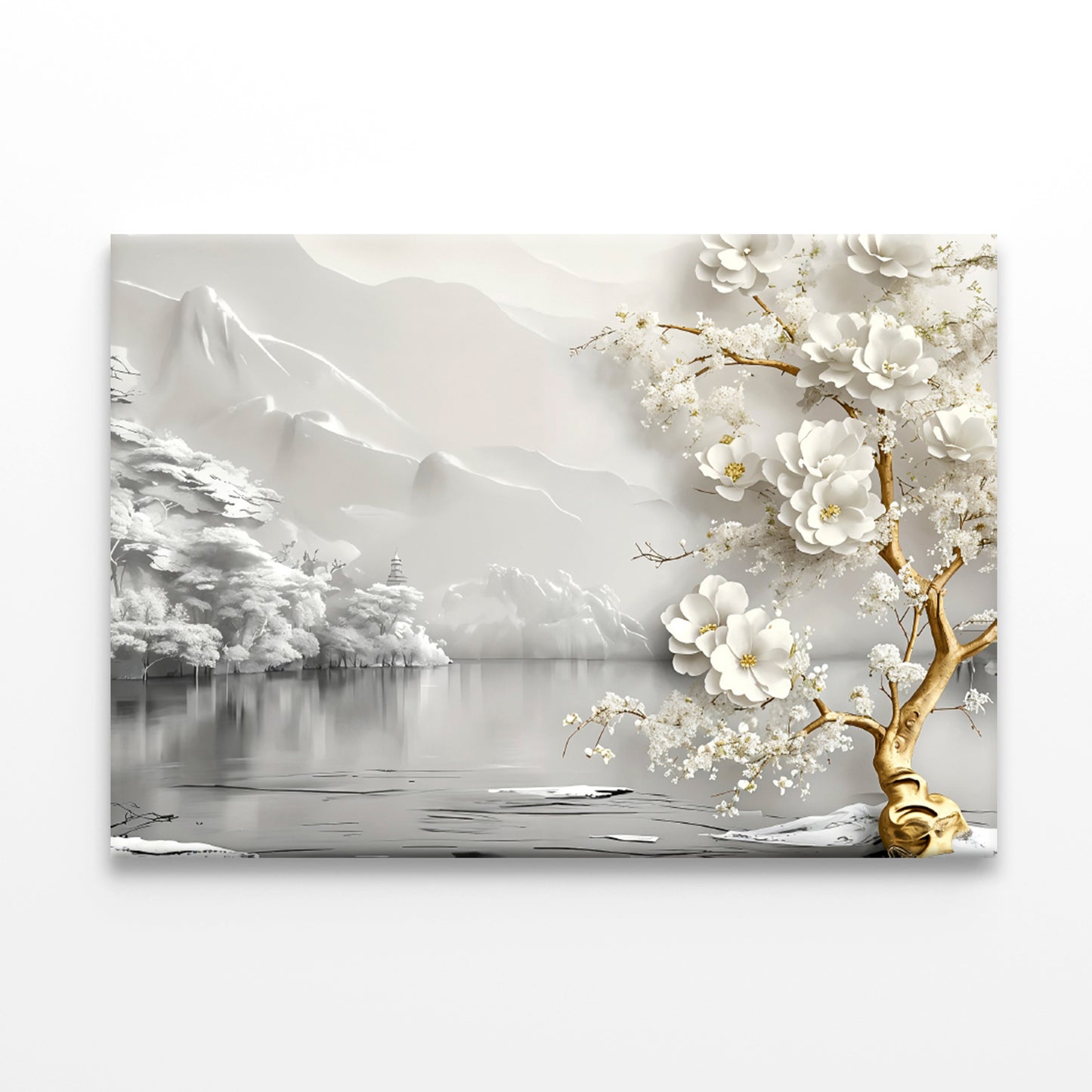 Misty Mountains White Flower Tree Lake Print 100% Australian Made 60x40cm Stretched Canvas Ready to Hang