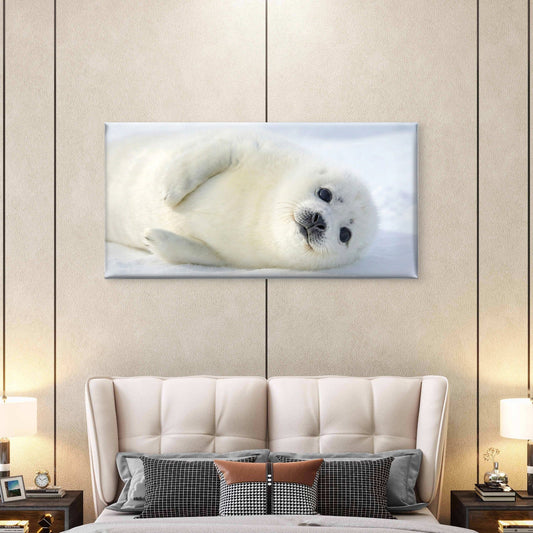 Baby Harp Seal Snow Arctic Wall Art Canvas Office Home Room Framed 80x45cm
