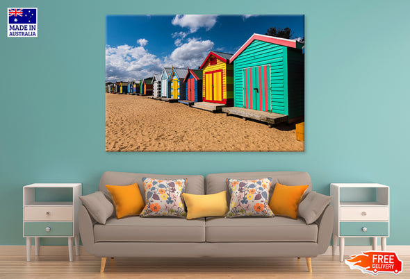 Colourful Wooden Beach Houses Print 100% Australian Made Stretched Canvas Ready to Hang - AU-106