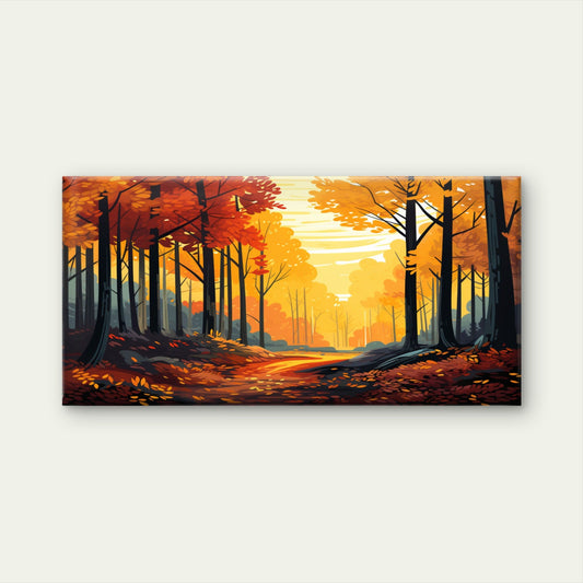 Golden Autumn Forest Sunlit Woodland Path Wall Art Canvas Office Home Framed 80x45cm