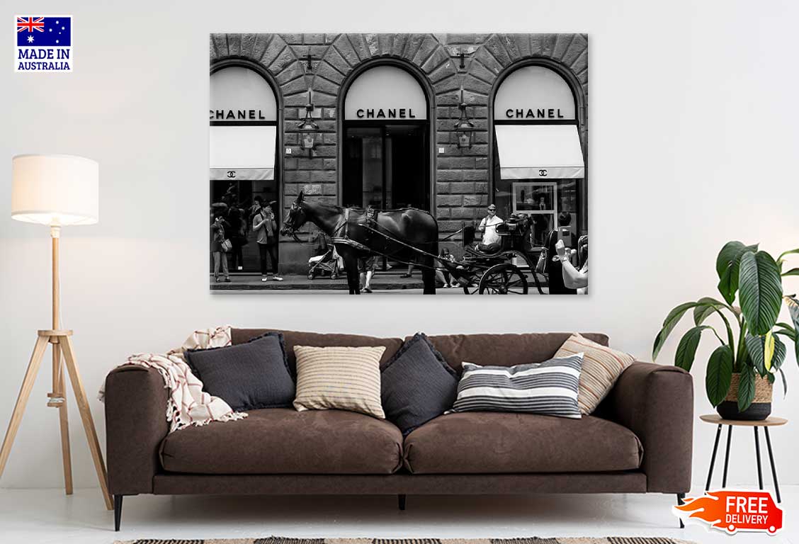 Fashion Store Front With Horse B&W Print 100% Australian Made Stretched Canvas Ready to Hang - FS - 165